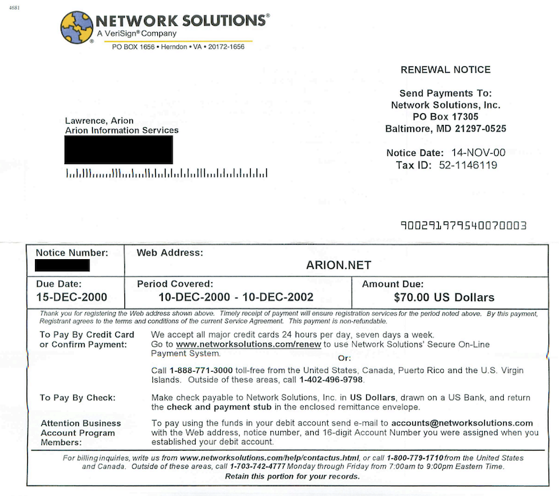 Network Solutions invoice